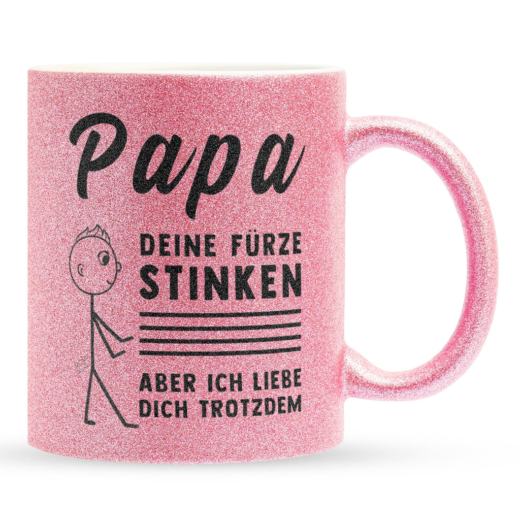 22Feels® ORIGINAL Glitzertasse - Vater Geschenk - Spruch: Papa, Deine Fürze Stinken (Pink, 320ml)-Glitzertasse Pink 320ml-22Feels