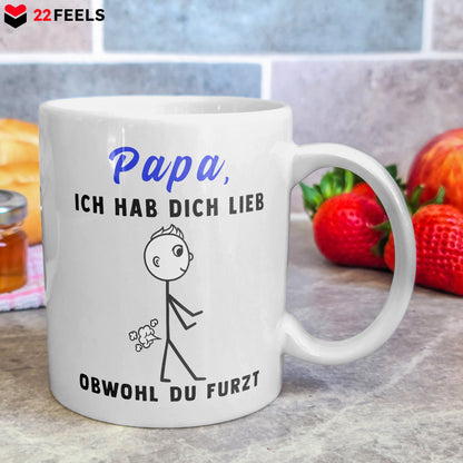22Feels® ORIGINAL Geschenk-Tasse mit Spruch - Papa, Ich Hab Dich Lieb, Obwohl Du Furzt (Weiss, 320ml)-Weisse Tasse 320ml-22Feels