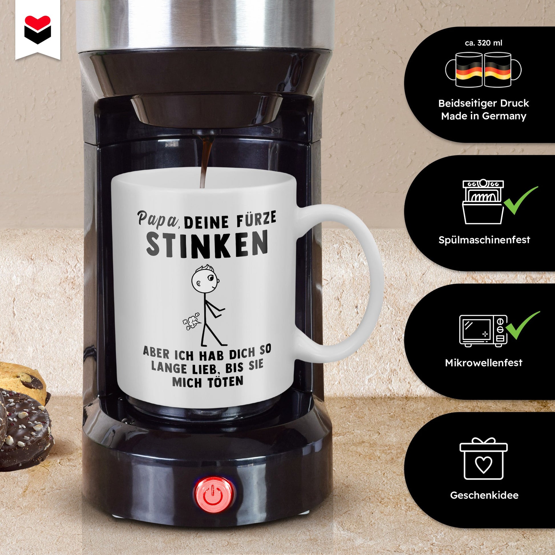 22Feels® ORIGINAL Geschenk-Tasse mit Spruch - Papa, Deine Fürze Stinken, Aber Ich Hab Dich So Lange Lieb, Bis Sie Mich Töten (Weiss, 320ml)-Weisse Tasse 320ml-22Feels