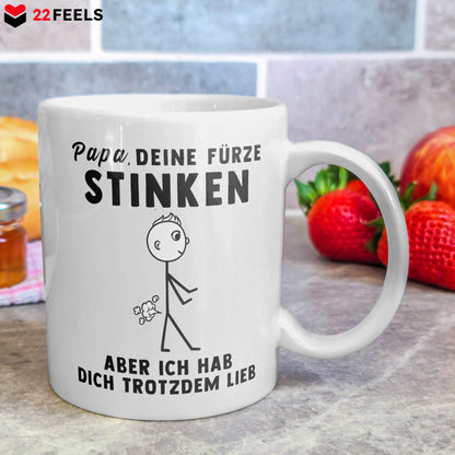 22Feels® ORIGINAL Geschenk-Tasse mit Spruch - Papa, Deine Fürze Stinken, Aber Ich Hab Dich Trotzdem Lieb (Weiss, 320ml)-Weisse Tasse 320ml-22Feels