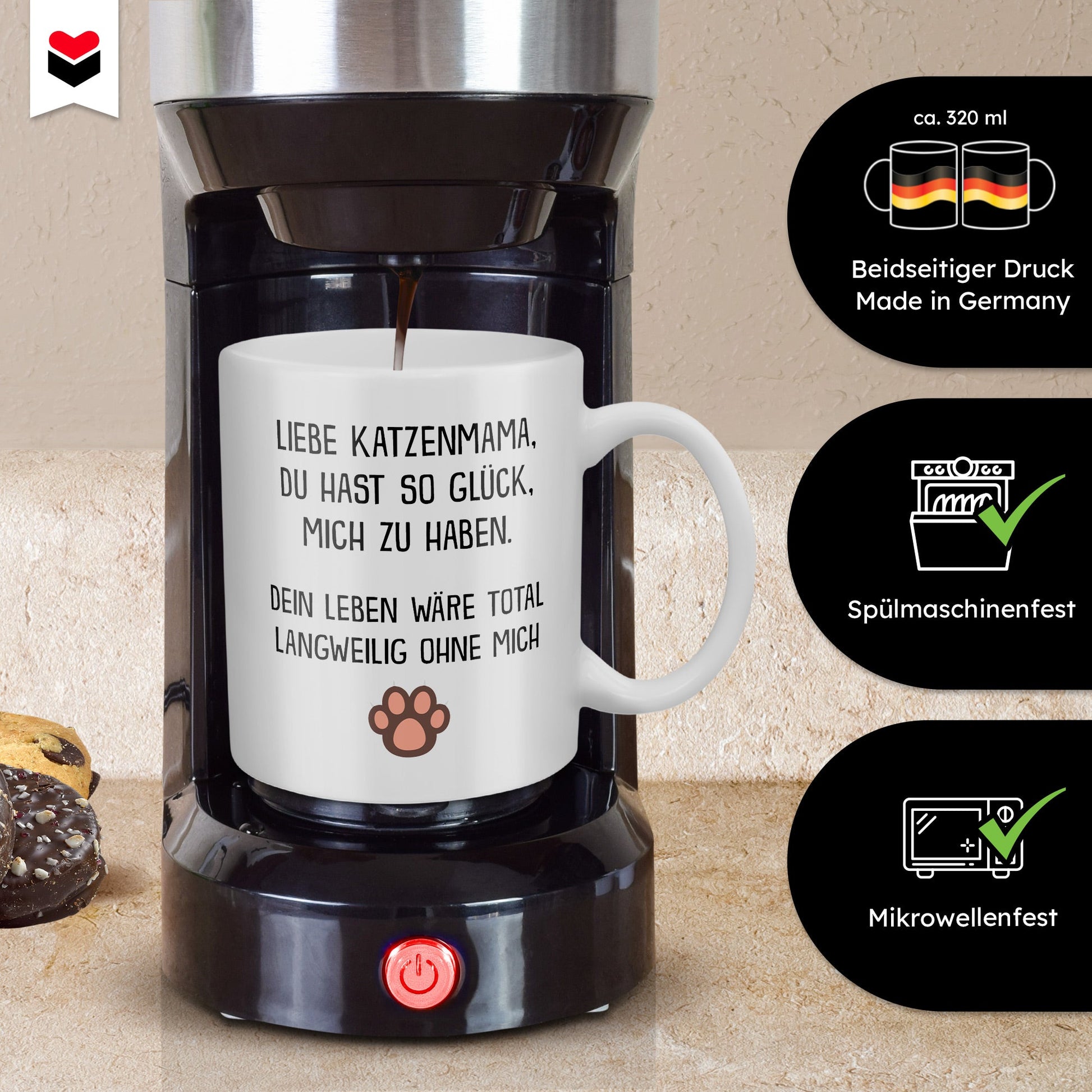 22Feels® Geschenk für Katzenmama - Tasse mit Spruch: Glück mich zu haben (Weiss, 320ml)-Weisse Tasse 320ml-22Feels