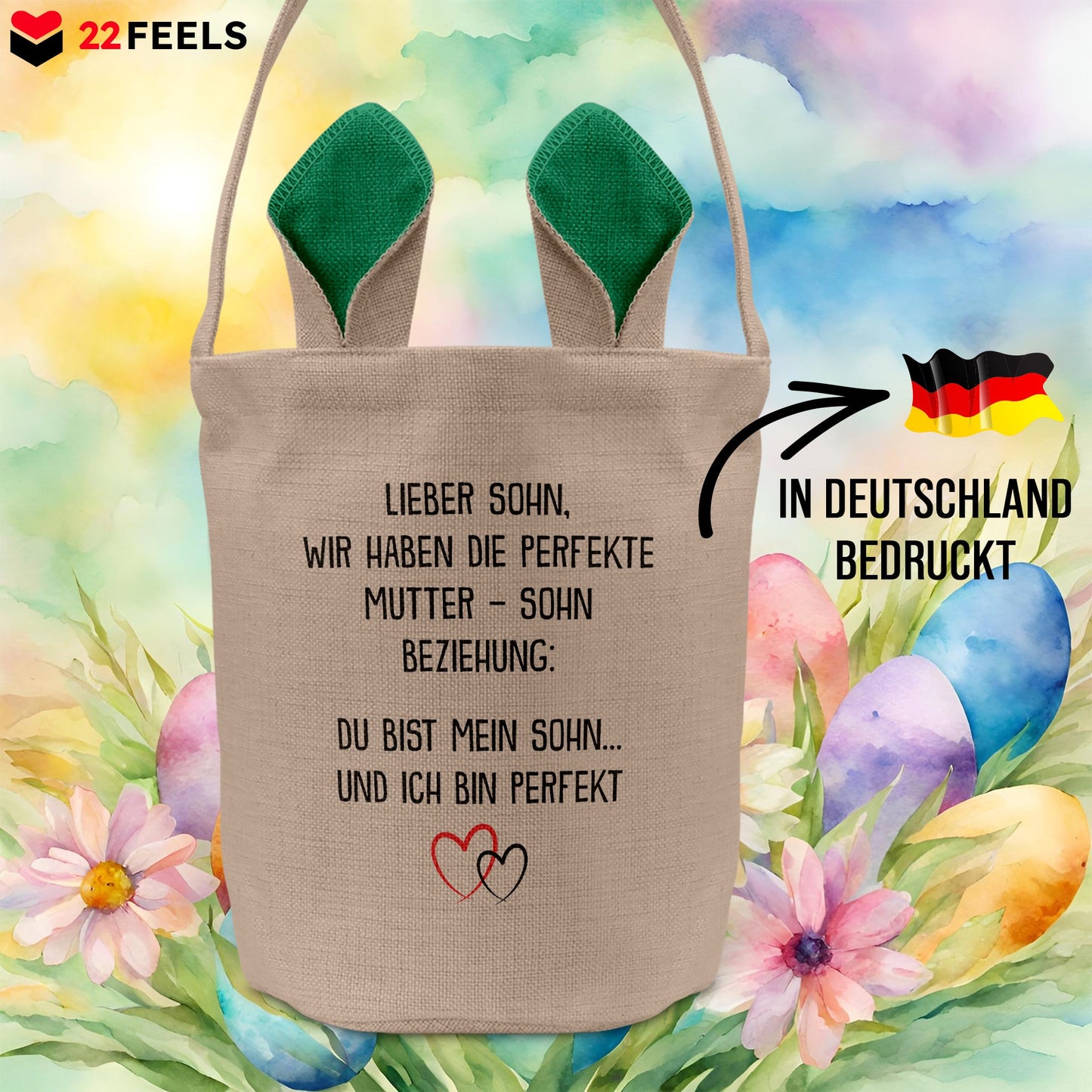 22Feels® Sohn Osterkorb von Mama Kinder mit Henkel Ostergeschenk Tragetasche Ostern Deko Osternest Körbchen Hasenohren (Beige/Grün)-Ostern Tragetasche-22Feels