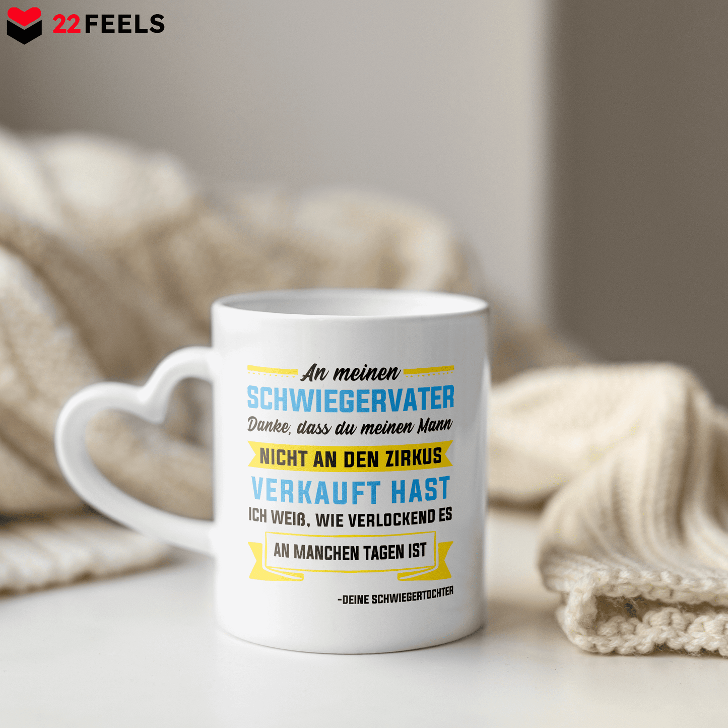 22Feels® Schwiegervater Geschenk von Schwiegertochter bzw. Braut - Tasse mit Spruch (Herzhenkel, Weiss, 320ml)-Tasse Weiss Herzhenkel 320ml-22Feels