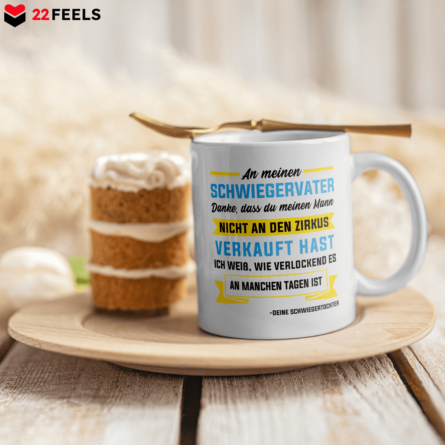 22Feels® Geschenk für Schwiegervater von Schwiegertochter - Tasse mit Spruch: Zirkus (Weiss, 320ml)-Weisse Tasse 320ml-22Feels