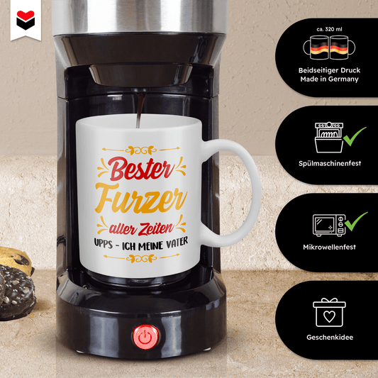 22Feels® Geschenk für Papas - Tasse mit Spruch: Bester Furzer Aller Zeiten (Weiss, 320ml)-Weisse Tasse 320ml-22Feels