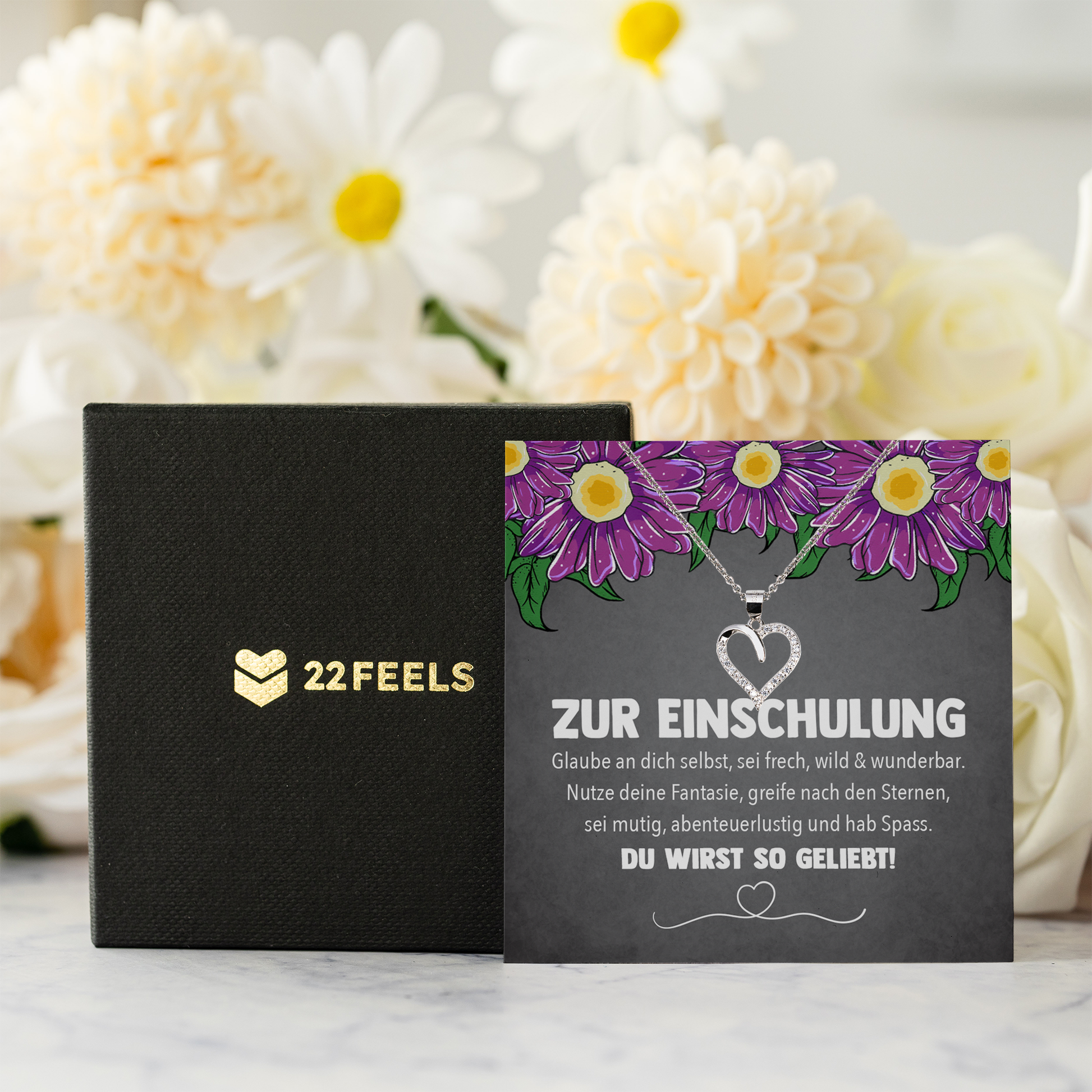 22Feels® Mädchen / Tochter Einschulung Geschenk - Echt Silber 925/000 Schmuckset: Herz Halskette mit Botschaftskarte-Schmuck mit Botschaftskarte - Herz21-22Feels