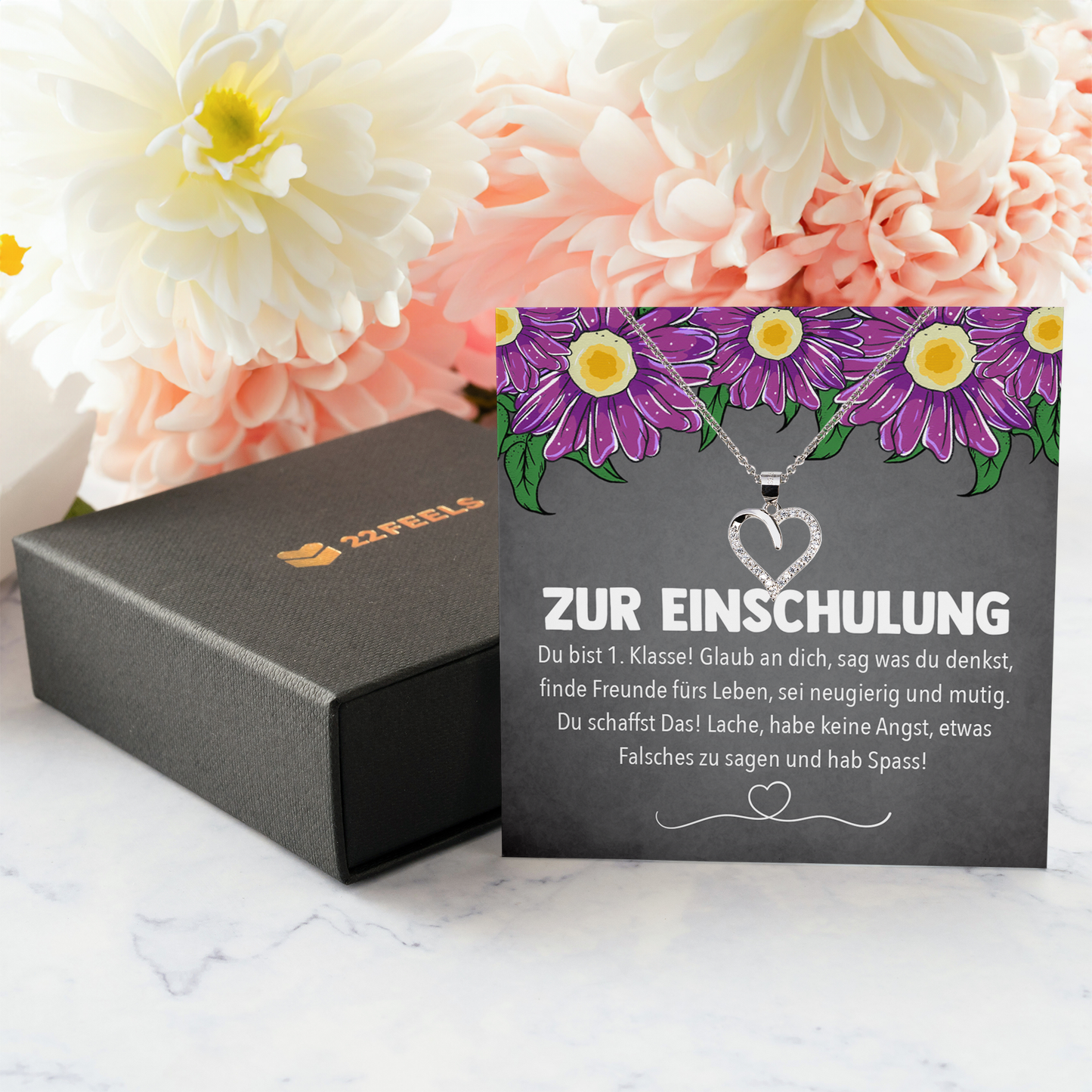 22Feels® Mädchen / Tochter Einschulung Geschenk - Echt Silber 925/000 Schmuckset: Herz Halskette mit Botschaftskarte-Schmuck mit Botschaftskarte - Herz21-22Feels