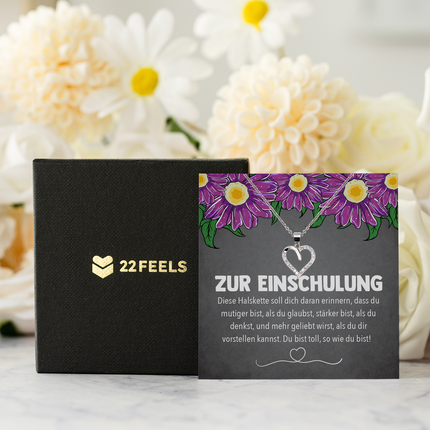 22Feels® Mädchen / Tochter Einschulung Geschenk - Echt Silber 925/000 Schmuckset: Herz Halskette mit Botschaftskarte-Schmuck mit Botschaftskarte - Herz21-22Feels