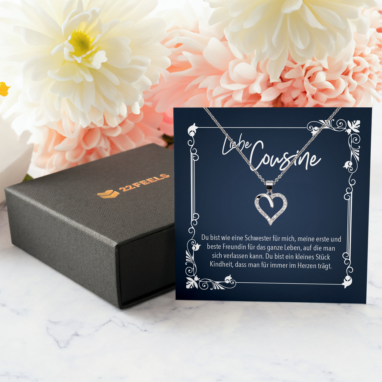 22Feels® Cousine Geschenk - Echt Silber 925/000 Schmuckset: Herz Halskette mit Botschaftskarte-Schmuck mit Botschaftskarte - Herz21-22Feels
