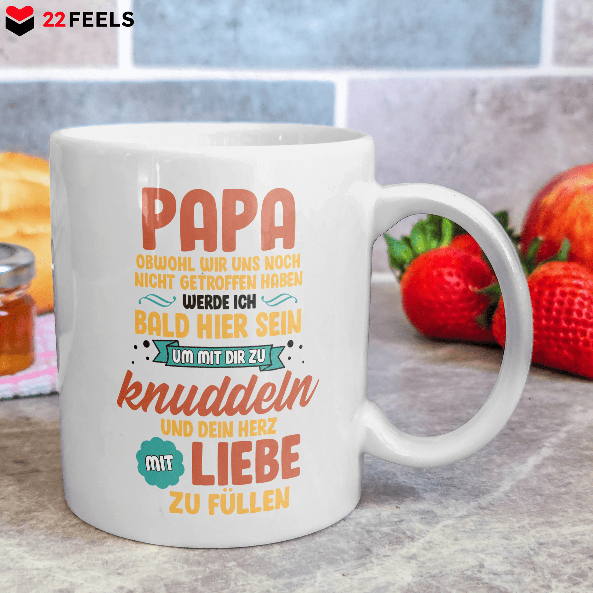 22Feels® Geschenk für Werdende Väter - Du Wirst Papa Tasse mit Spruch: Obwohl Wir Uns Noch Nicht Getroffen Haben (Weiss, 320ml)-Weisse Tasse 325ml-22Feels