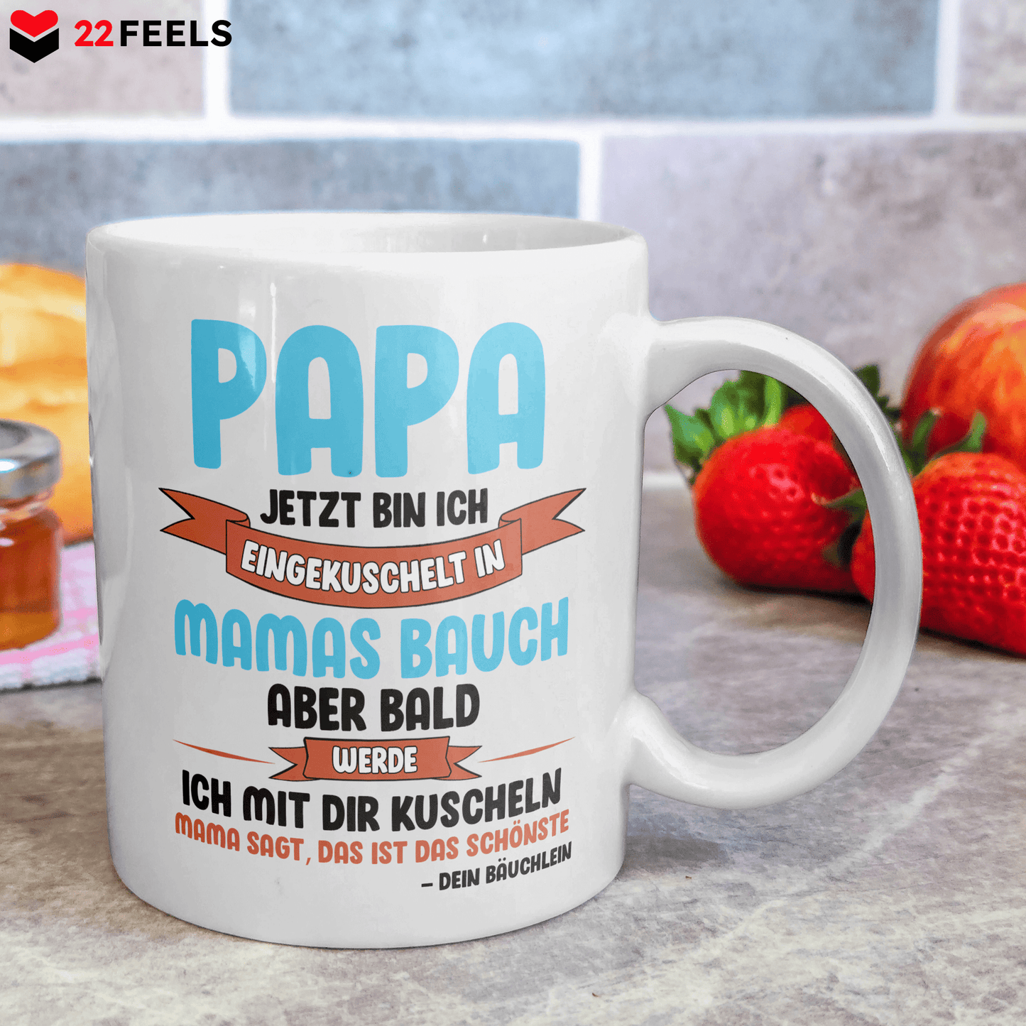 22Feels® Geschenk für Werdende Väter - Du Wirst Papa Tasse mit Spruch: Jetzt Bin Ich Eingekuschelt (Weiss, 320ml)-Weisse Tasse 320ml-22Feels