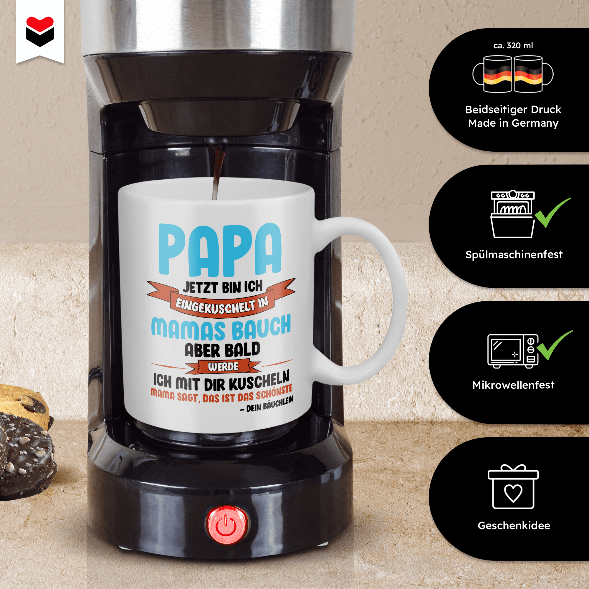 22Feels® Geschenk für Werdende Väter - Du Wirst Papa Tasse mit Spruch: Jetzt Bin Ich Eingekuschelt (Weiss, 320ml)-Weisse Tasse 320ml-22Feels