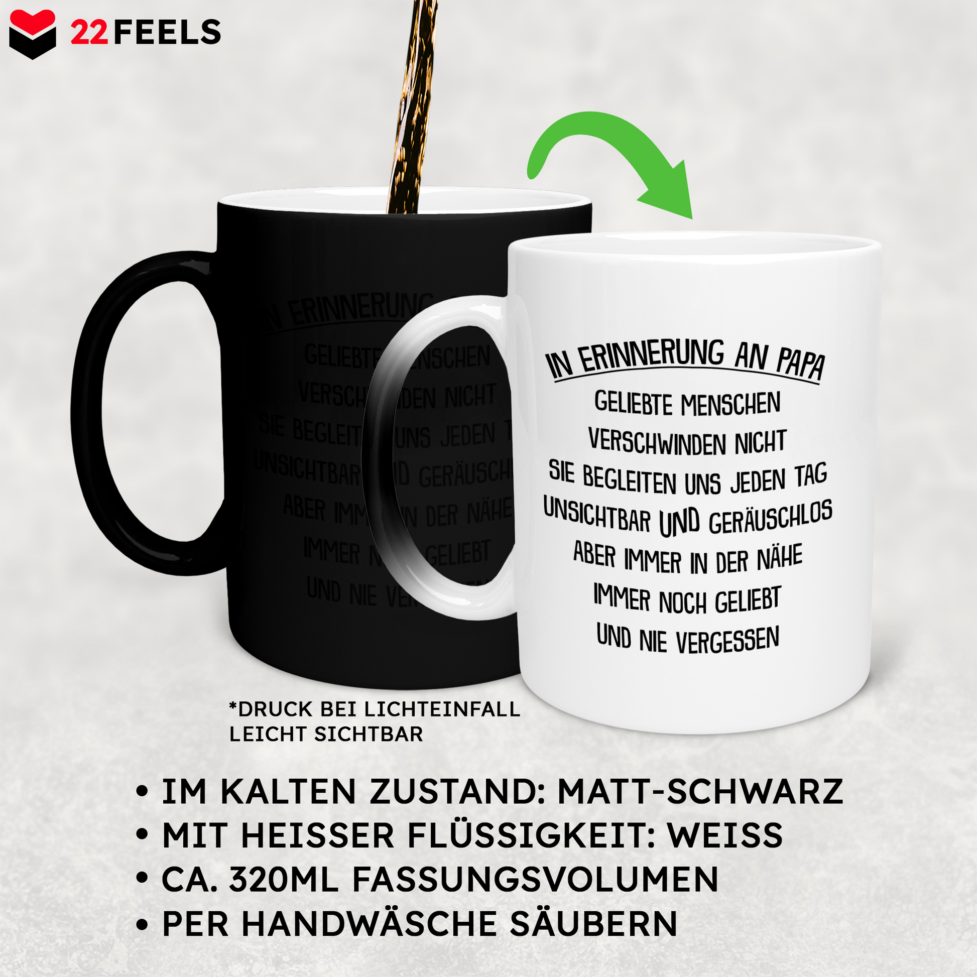 22Feels® Geschenk zum Andenken - Zaubertasse mit Spruch: In Erinnerung An Papa (Matt-Schwarz und Weiss, 320ml)-Farbwechsel Tasse Matt 320ml-22Feels