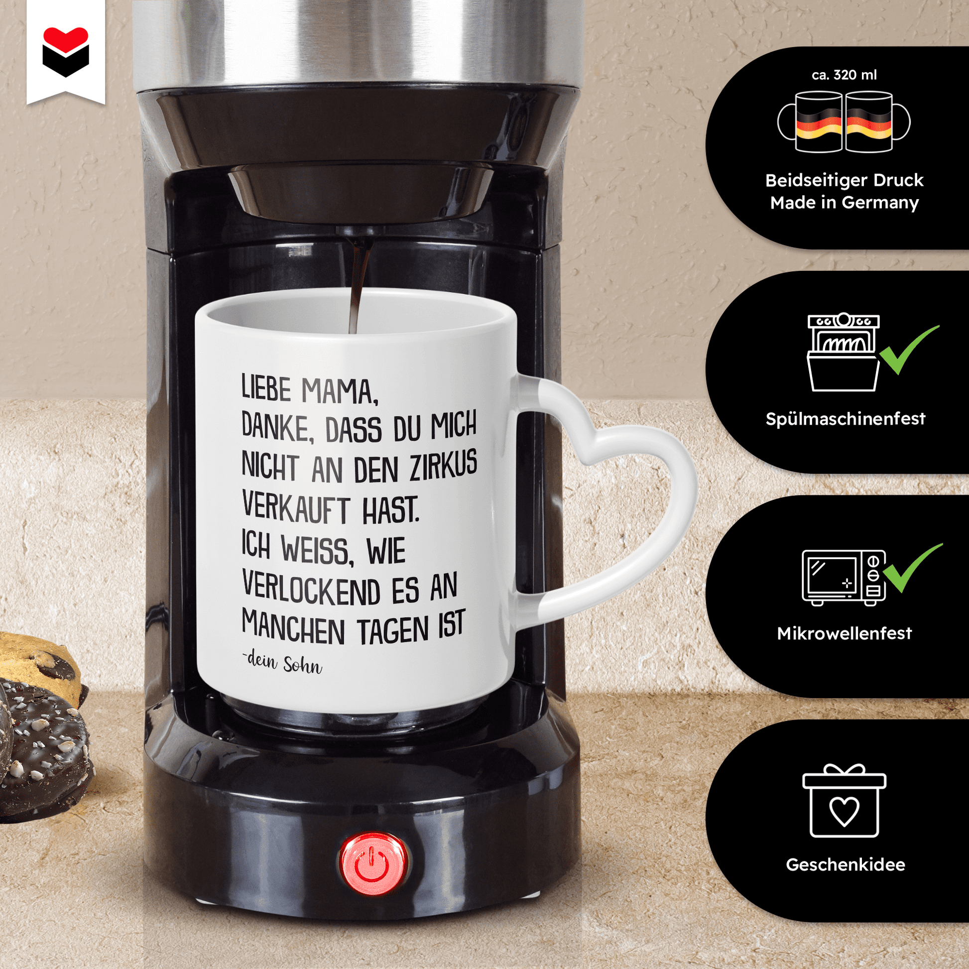 22Feels® Mama Geschenk von Sohn - Tasse mit Spruch (Herzhenkel, Weiss, 320ml)-Tasse Weiss Herzhenkel 320ml-22Feels