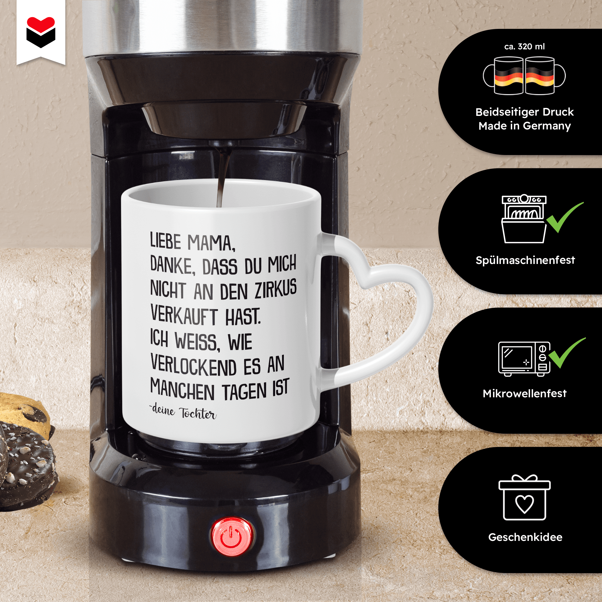 22Feels® Mama Geschenk von Tochter - Tasse mit Spruch (Herzhenkel, Weiss, 320ml)-Tasse Weiss Herzhenkel 320ml-22Feels