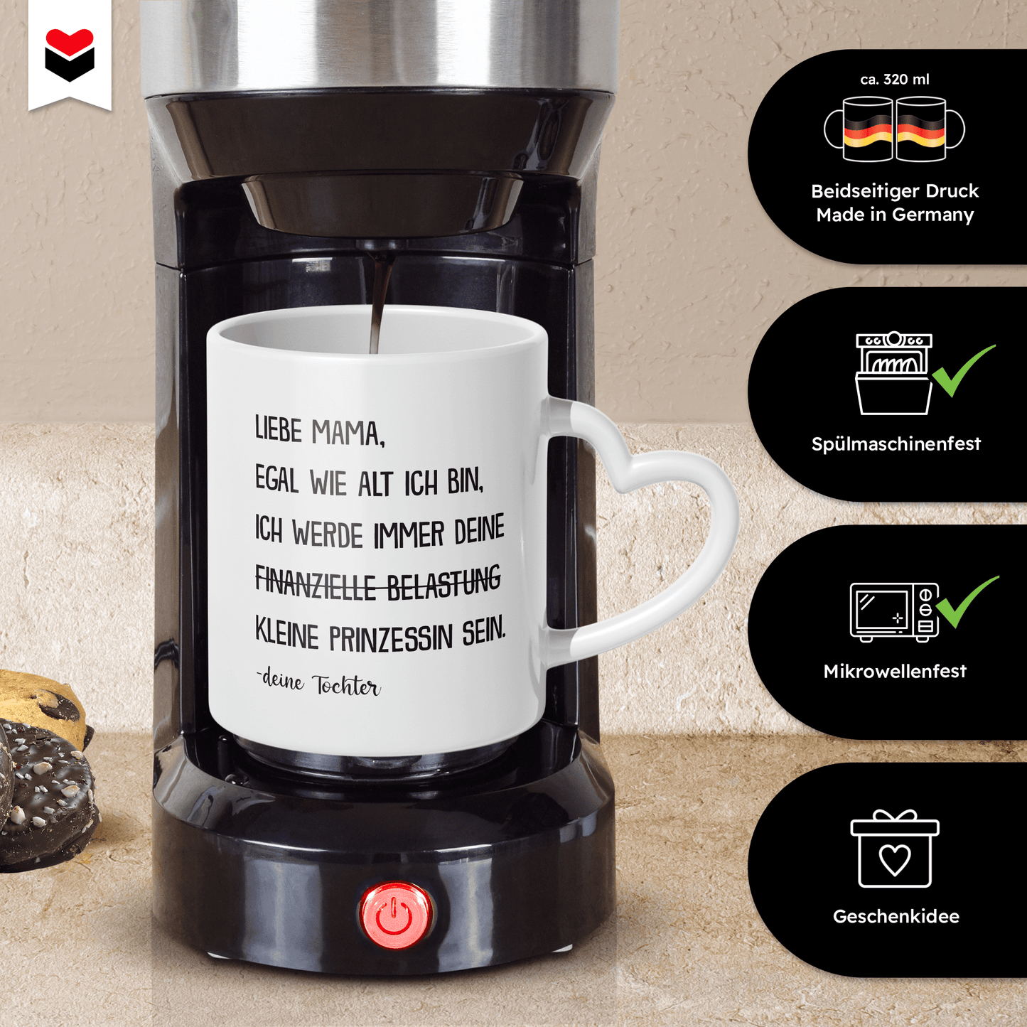 22Feels® Mama Geschenk von Tochter - Tasse mit Spruch (Herzhenkel, Weiss, 320ml)-Tasse Weiss Herzhenkel 320ml-22Feels