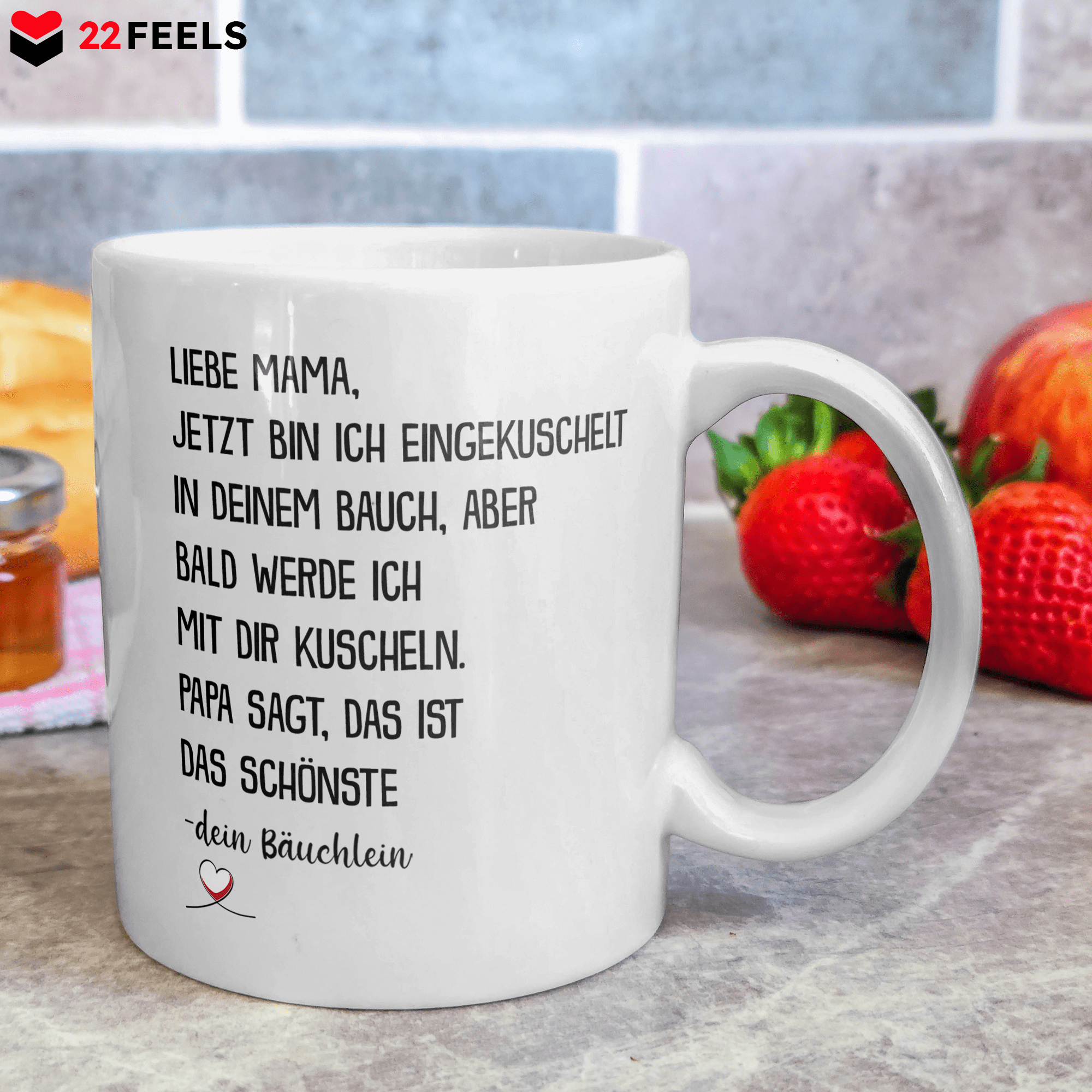 22Feels® Geschenk für schwangere Frauen - Tasse mit Spruch: Jetzt Bin Ich Eingekuschelt (Weiss, 320ml)-Weisse Tasse 320ml-22Feels