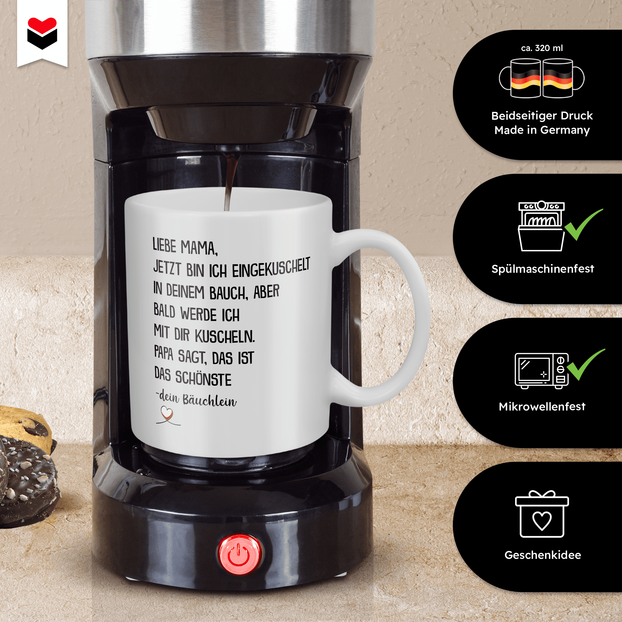 22Feels® Geschenk für schwangere Frauen - Tasse mit Spruch: Jetzt Bin Ich Eingekuschelt (Weiss, 320ml)-Weisse Tasse 320ml-22Feels