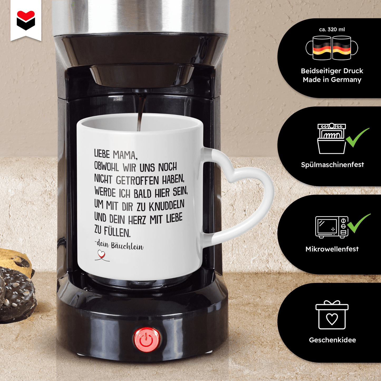 22Feels® Werdende Mama Geschenk - Tasse mit Spruch (Herzhenkel, Weiss, 320ml)-Tasse Weiss Herzhenkel 320ml-22Feels