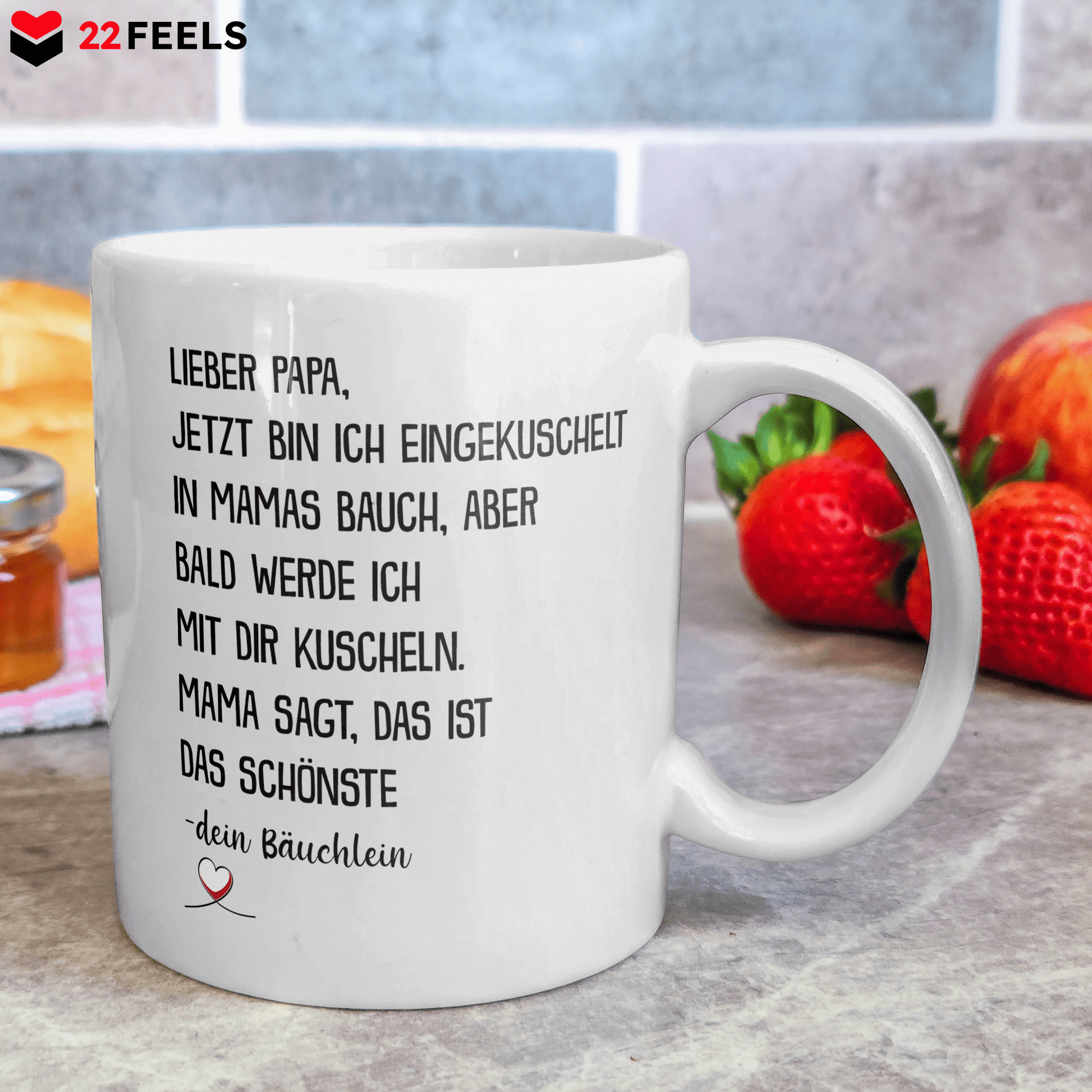 22Feels® Geschenk für werdende Väter - Du Wirst Papa Tasse mit Spruch: Jetzt Bin Ich Eingekuschelt (Weiss, 320ml)-Weisse Tasse 320ml-22Feels