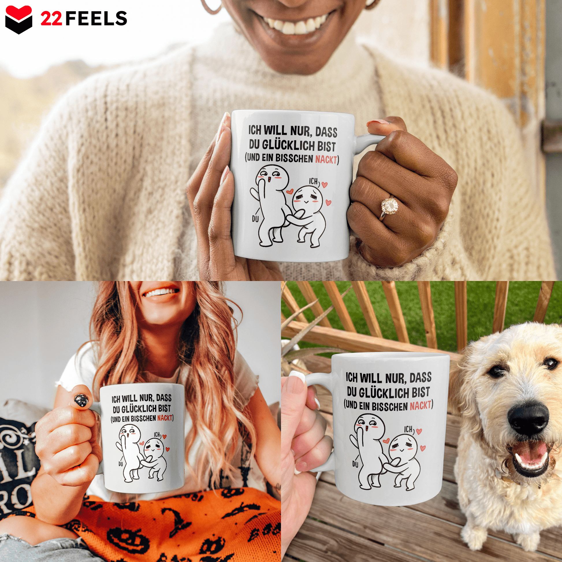 22Feels® Geschenk für Paare - Tasse mit Spruch: Ich Will Nur, Dass Du Glücklich Bist (Weiss, 320ml)-Weisse Tasse 320ml-22Feels