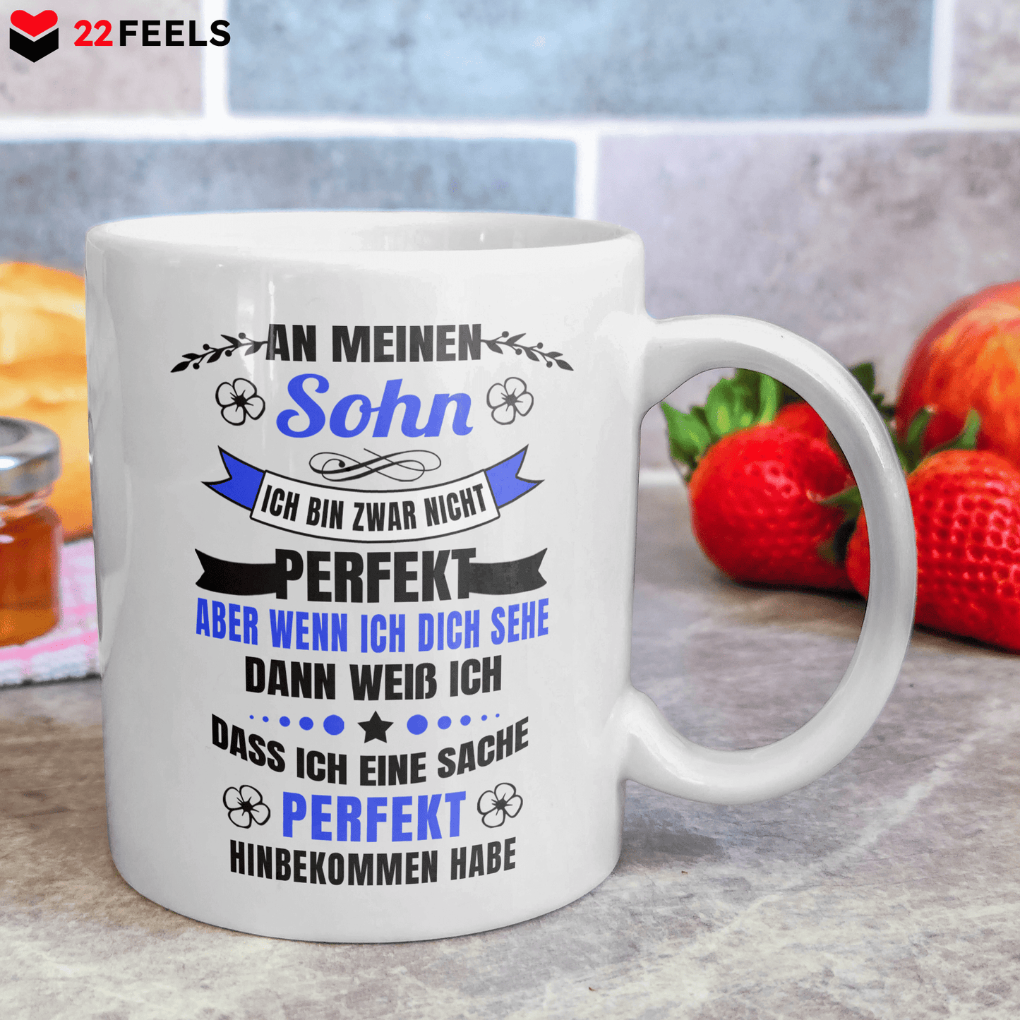 22Feels® Geschenk für Söhne - Tasse mit Spruch: Ich Bin Zwar Nicht Perfekt (Weiss, 320ml)-Weisse Tasse 320ml-22Feels