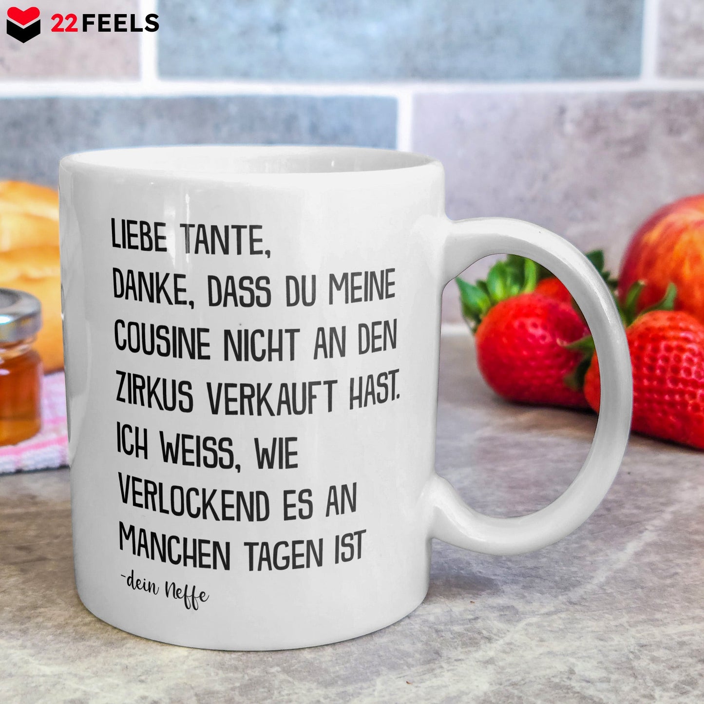 22Feels® Geschenk für Tante von Neffe - Tasse mit Spruch: Zirkus Cousine (Weiss, 320ml)-Weisse Tasse 320ml-22Feels
