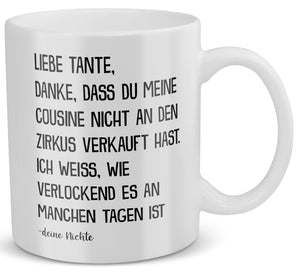 22Feels® Geschenk für Tante von Nichte - Tasse mit Spruch: Zirkus Cousine (Weiss, 320ml)-Weisse Tasse 320ml-22Feels