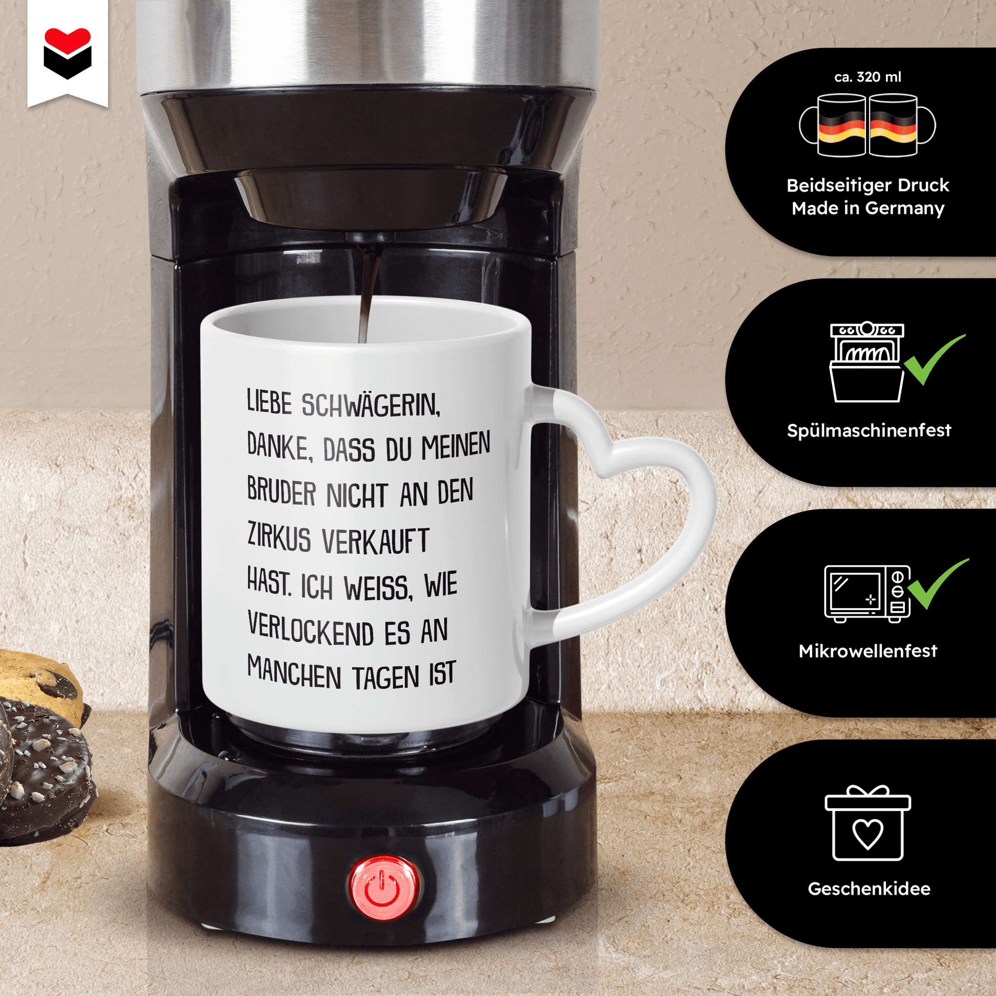 22Feels® Schwägerin Geschenk - Tasse mit Spruch (Herzhenkel, Weiss, 320ml)-Tasse Weiss Herzhenkel 320ml-22Feels