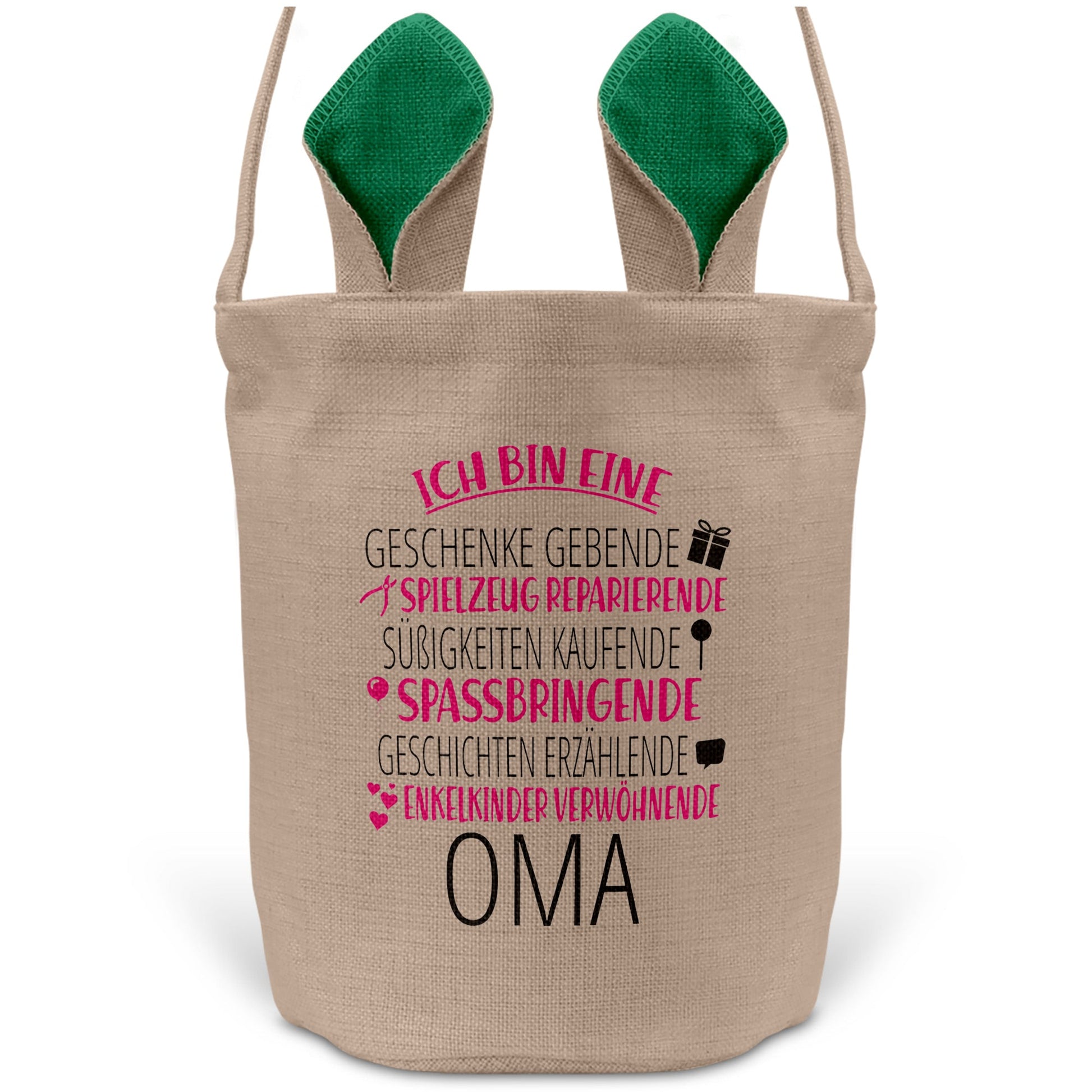 22Feels® Oma Grossmutter Osterkorb mit Henkel Ostergeschenk Tragetasche Ostern Deko Osternest Körbchen Hasenohren (Beige/Grün)-Ostern Tragetasche-22Feels