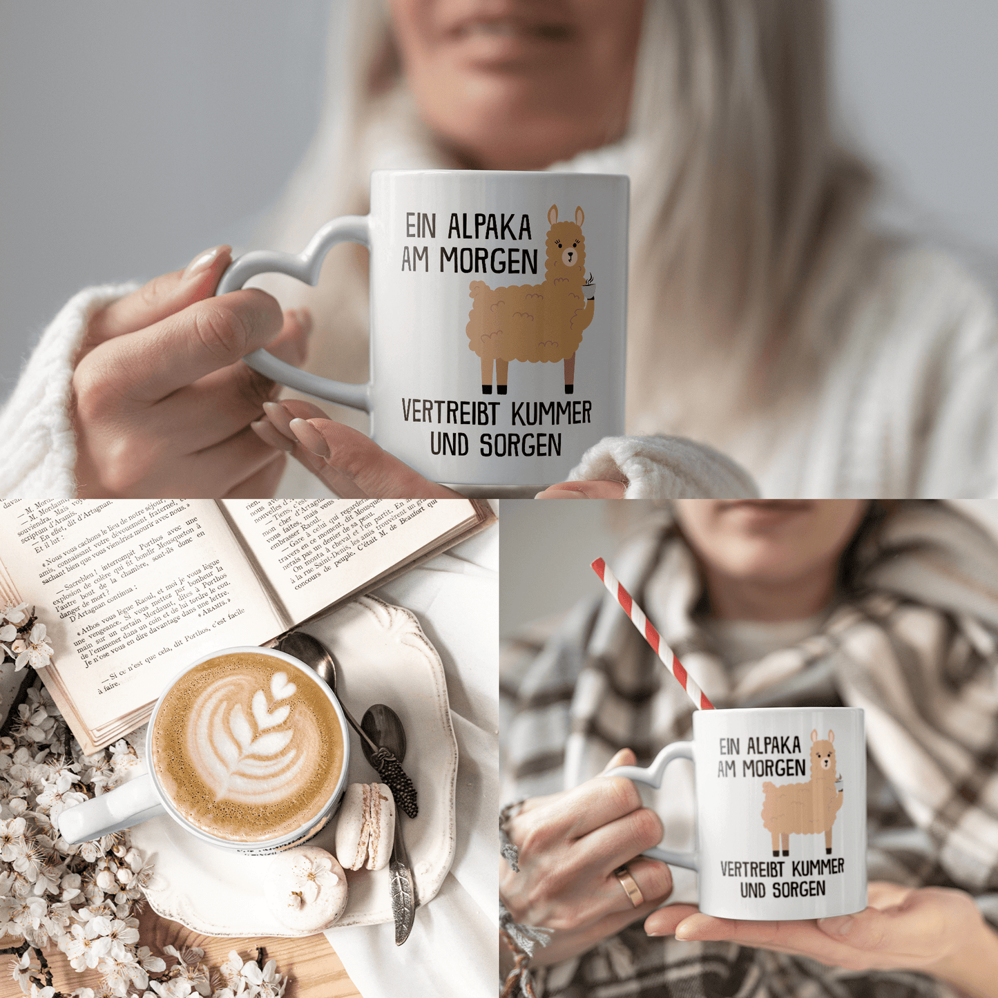22Feels® Tasse mit Alpaka Tiermotiv - Büro Geschenkidee - Kummer und Sorgen Spruch (Herzhenkel, Weiss, 320ml)-Tasse Weiss Herzhenkel 320ml-22Feels