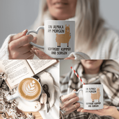 22Feels® Tasse mit Alpaka Tiermotiv - Büro Geschenkidee - Kummer und Sorgen Spruch (Herzhenkel, Weiss, 320ml)-Tasse Weiss Herzhenkel 320ml-22Feels
