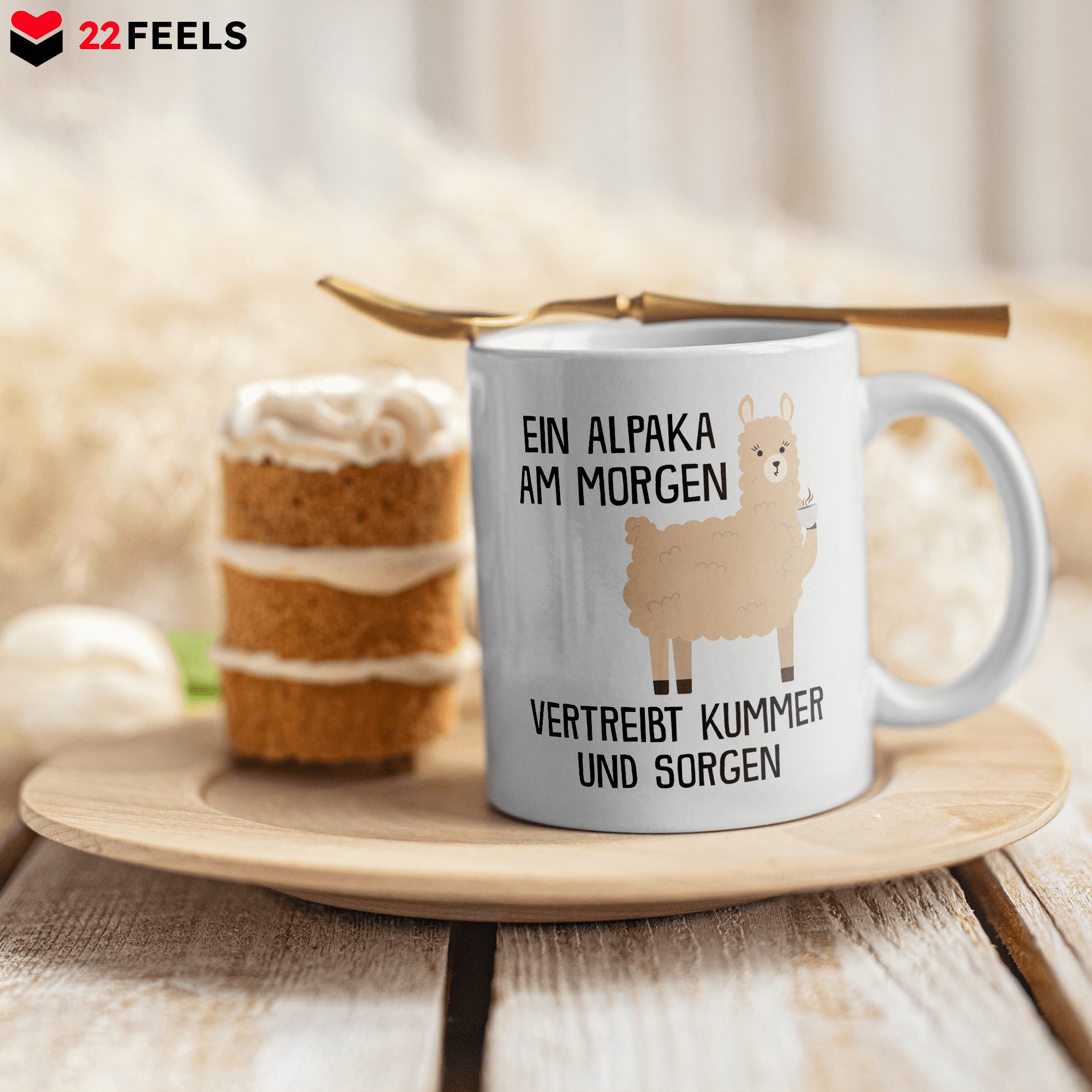 22Feels® Tasse mit Alpaka Tiermotiv - Büro Geschenkidee - Kummer und Sorgen Spruch (Weiss, 320ml)-Weisse Tasse 320ml-22Feels