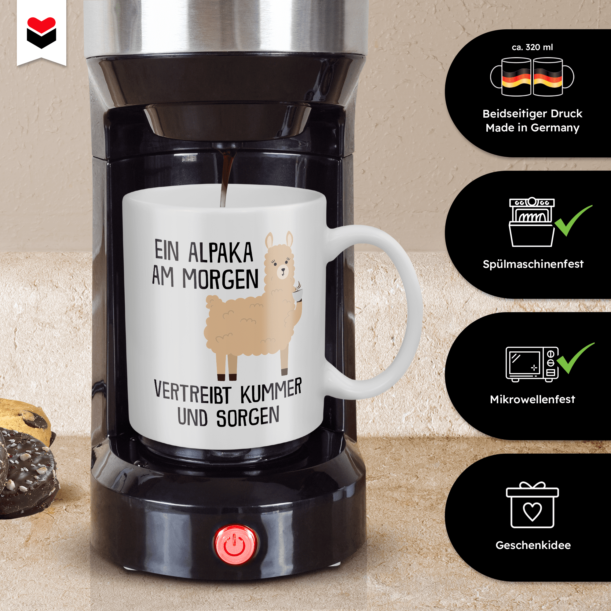22Feels® Tasse mit Alpaka Tiermotiv - Büro Geschenkidee - Kummer und Sorgen Spruch (Weiss, 320ml)-Weisse Tasse 320ml-22Feels