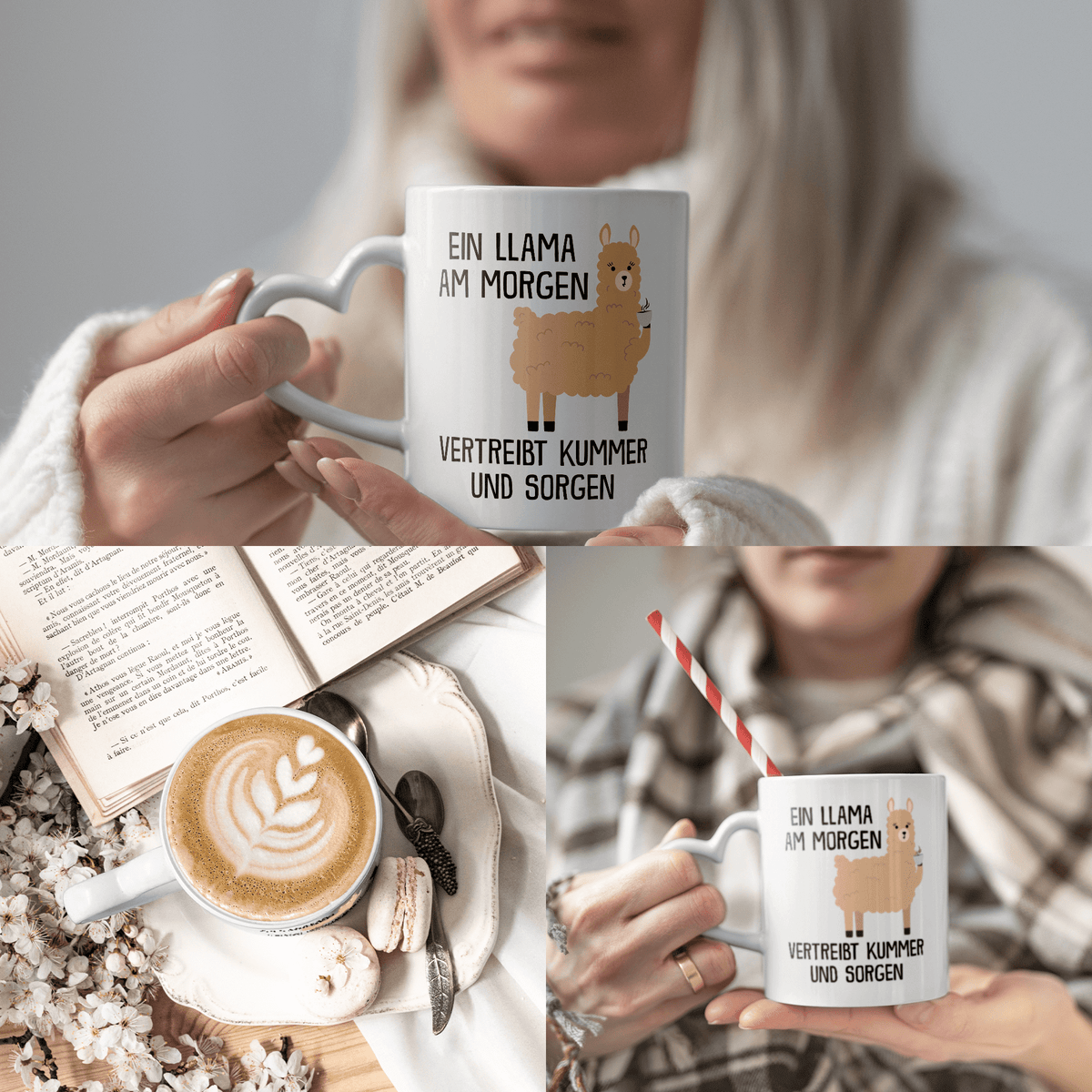 22Feels® Tasse mit Llama Tiermotiv - Büro Geschenkidee - Spruch: Kummer und Sorgen (Herzhenkel, Weiss, 320ml)-Tasse Weiss Herzhenkel 325ml-22Feels