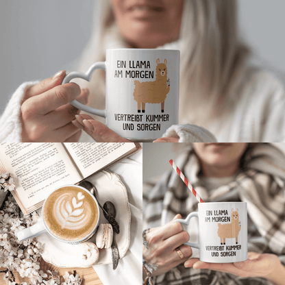 22Feels® Tasse mit Llama Tiermotiv - Büro Geschenkidee - Spruch: Kummer und Sorgen (Herzhenkel, Weiss, 320ml)-Tasse Weiss Herzhenkel 325ml-22Feels