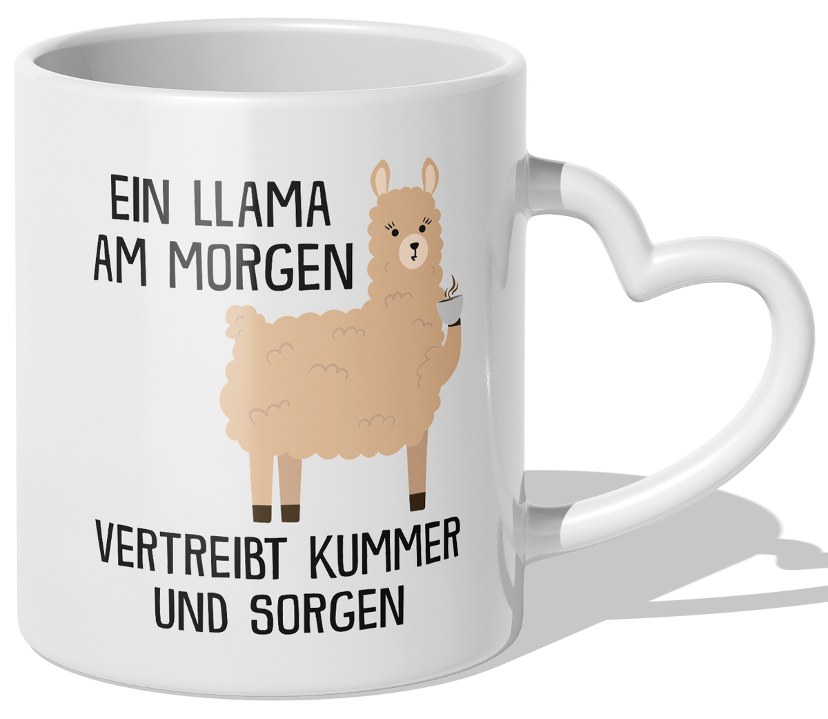 22Feels® Tasse mit Llama Tiermotiv - Büro Geschenkidee - Spruch: Kummer und Sorgen (Herzhenkel, Weiss, 320ml)-Tasse Weiss Herzhenkel 325ml-22Feels