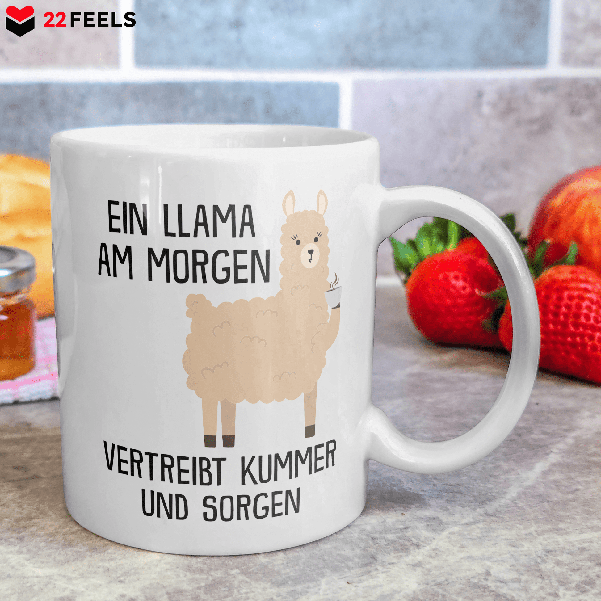 22Feels® Tasse mit Llama Tiermotiv - Büro Geschenkidee - Spruch: Kummer und Sorgen (Weiss, 320ml)-Weisse Tasse 320ml-22Feels