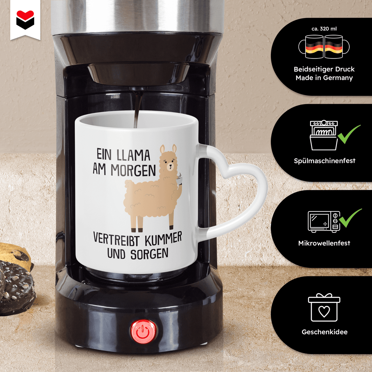 22Feels® Tasse mit Llama Tiermotiv - Büro Geschenkidee - Spruch: Kummer und Sorgen (Herzhenkel, Weiss, 320ml)-Tasse Weiss Herzhenkel 325ml-22Feels