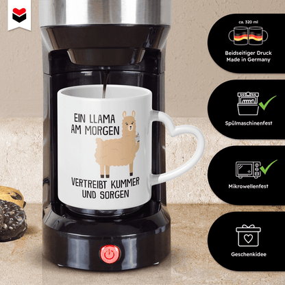 22Feels® Tasse mit Llama Tiermotiv - Büro Geschenkidee - Spruch: Kummer und Sorgen (Herzhenkel, Weiss, 320ml)-Tasse Weiss Herzhenkel 325ml-22Feels