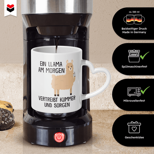 22Feels® Tasse mit Llama Tiermotiv - Büro Geschenkidee - Spruch: Kummer und Sorgen (Herzhenkel, Weiss, 320ml)-Tasse Weiss Herzhenkel 320ml-22Feels