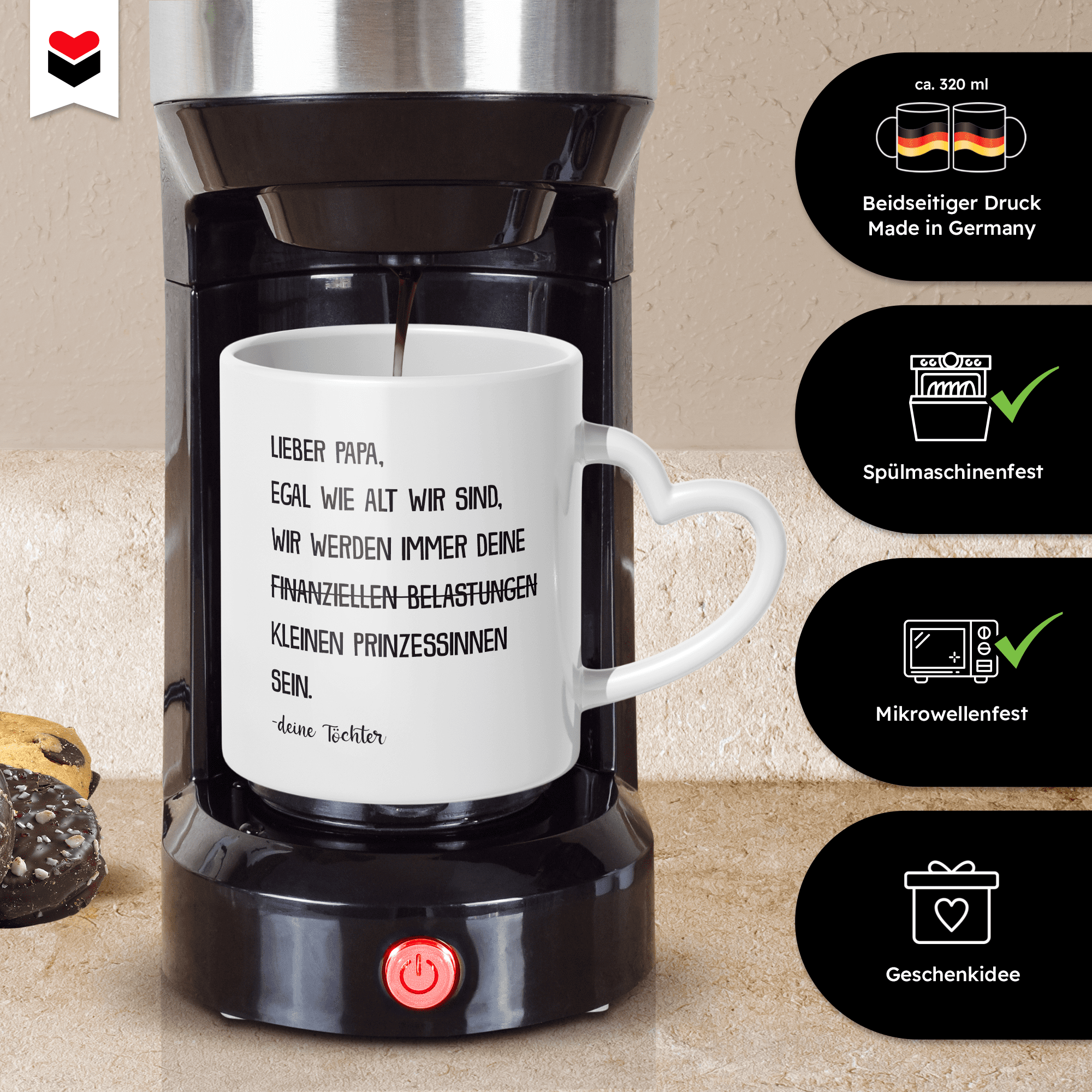 22Feels® Papa Geschenk von Töchtern - Tasse mit Spruch (Herzhenkel, Weiss, 320ml)-Tasse Weiss Herzhenkel 320ml-22Feels