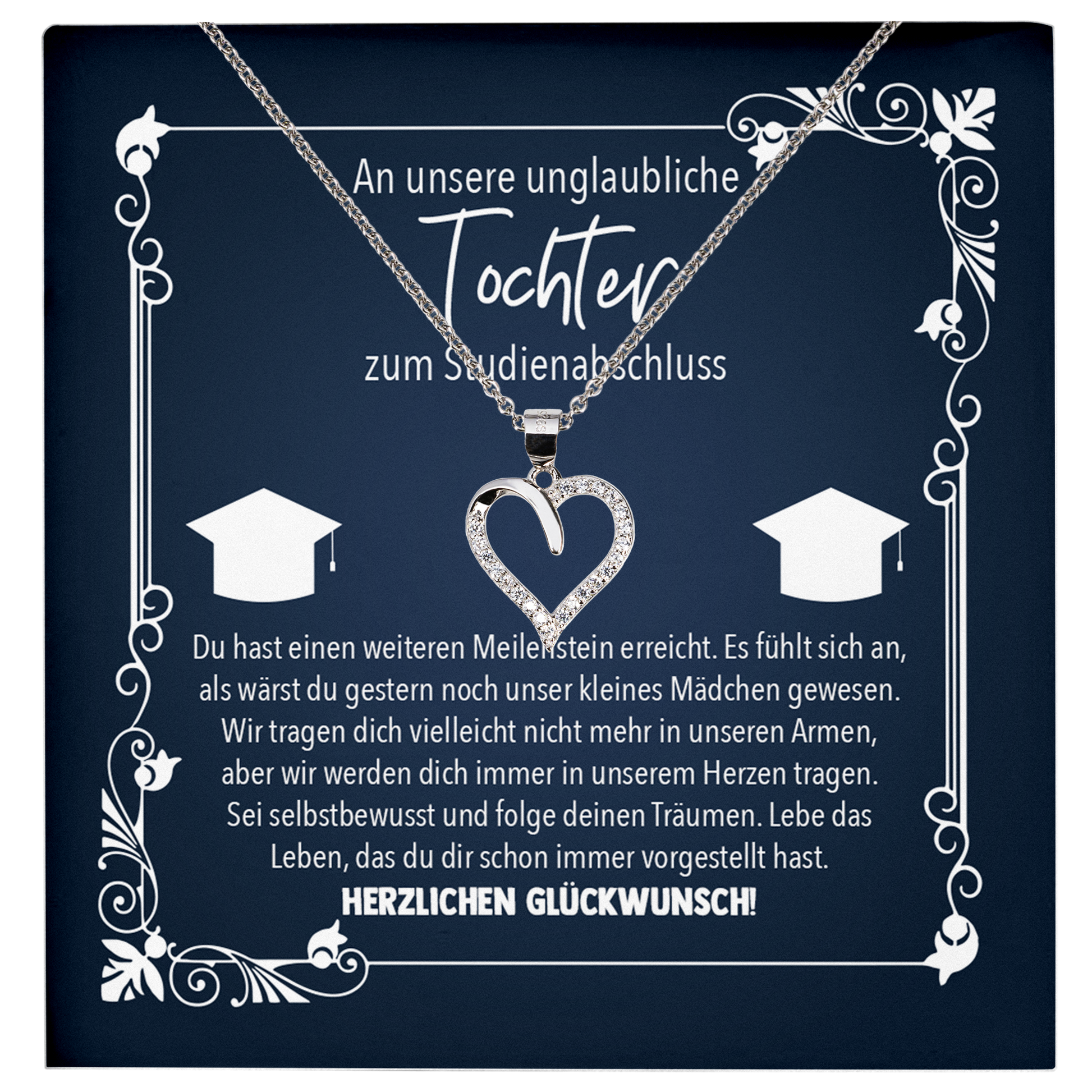 22Feels® Tochter Geschenk zum Universitätsabschluss - Echt Silber 925/000 Schmuckset: Herz Halskette mit Botschaftskarte-Schmuck mit Botschaftskarte - Herz21-22Feels