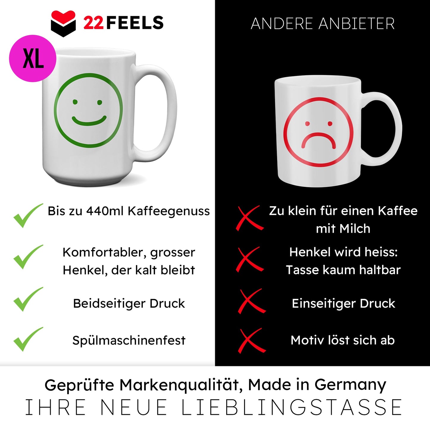 22Feels® Schwester Geschenk von Bruder - XL Tasse mit Spruch: Glück mich zu haben (Weiss, 440ml)-Weisse XL Tasse 440ml-22Feels